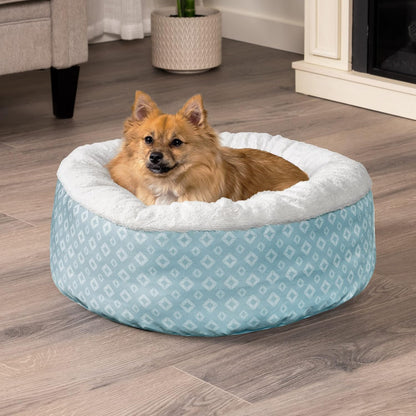 23" round Donut Dog Bed for Indoor Cats & Small Dogs, Washable, for Dogs up to 20 Lbs - Plush & Diamond Print Donut Bed - Aqua, Small