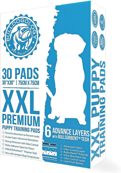 Puppy Pee Pads XXL with Adhesive Sticky Tape - Extra Large Dog Training Wee Pads (30X30) 6 Layers with Extra Quick Dry Bullsorbent Polymer Tech (30-Count, White)