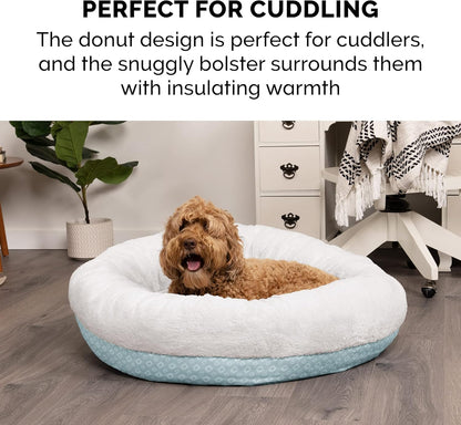 23" round Donut Dog Bed for Indoor Cats & Small Dogs, Washable, for Dogs up to 20 Lbs - Plush & Diamond Print Donut Bed - Aqua, Small