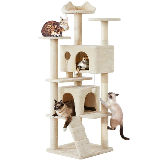 70" H Double Condo Cat Tree with Scratching Post Tower, Cream