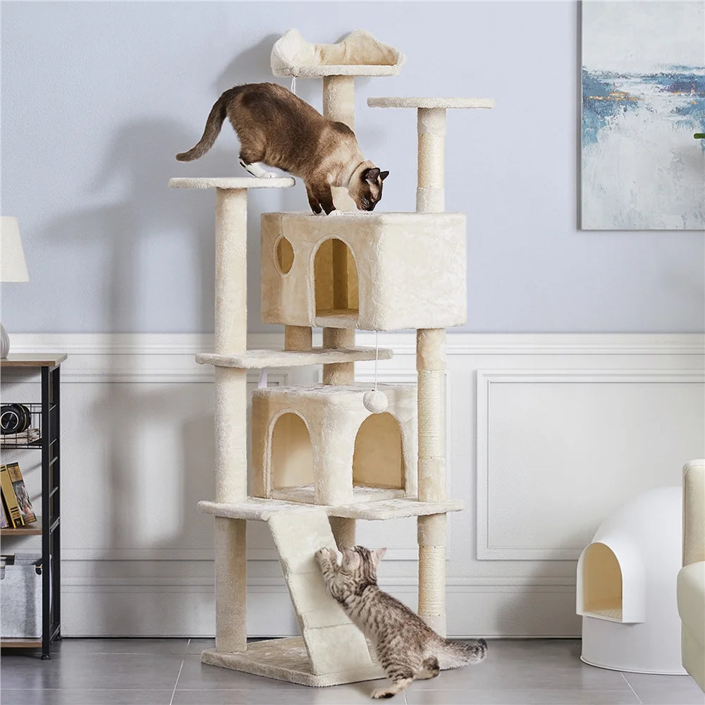 70" H Double Condo Cat Tree with Scratching Post Tower, Cream