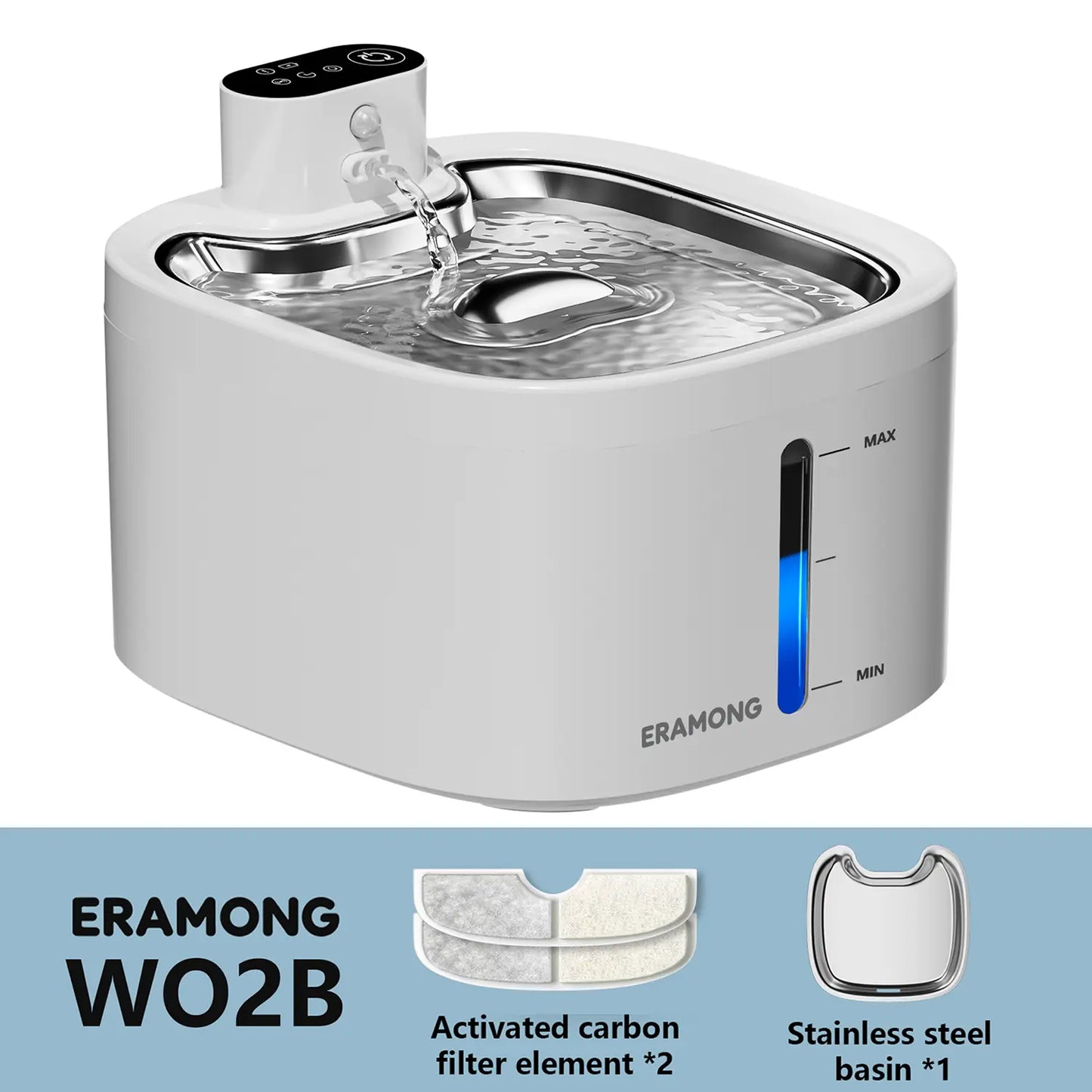 ERAMONG Smart Wireless Indoor Pet Water Fountain - 3.5L Capacity, Battery-Powered with Stainless Steel Tray, Motion Sensor, and 4-Layer Filtration System for Cats and Dogs
