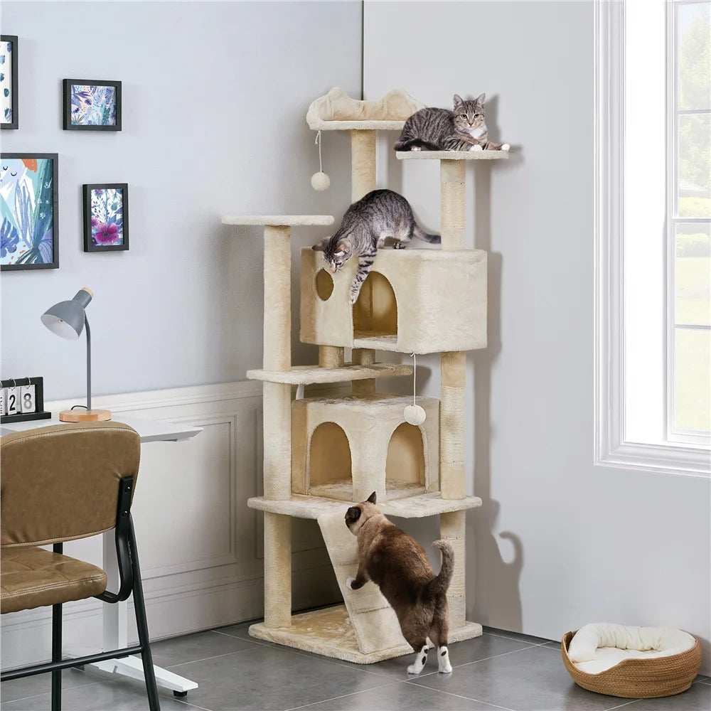 70" H Double Condo Cat Tree with Scratching Post Tower, Cream