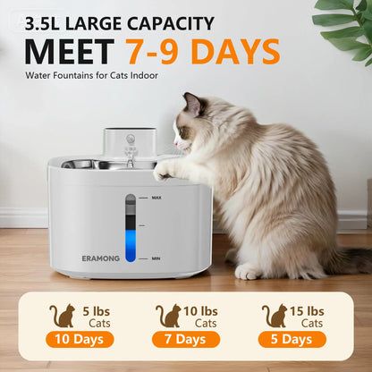 ERAMONG Smart Wireless Indoor Pet Water Fountain - 3.5L Capacity, Battery-Powered with Stainless Steel Tray, Motion Sensor, and 4-Layer Filtration System for Cats and Dogs