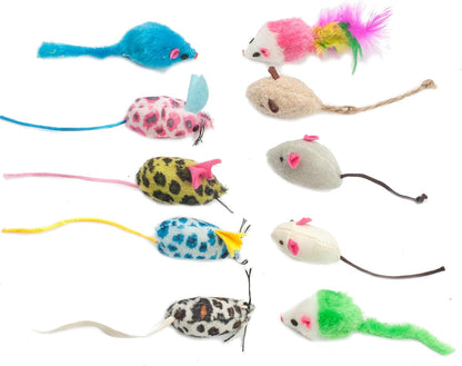 Furry Mouse Cat Toys Assorted Catnip Rattle Kitten Toys Feather Mice for Cats 10 Pack