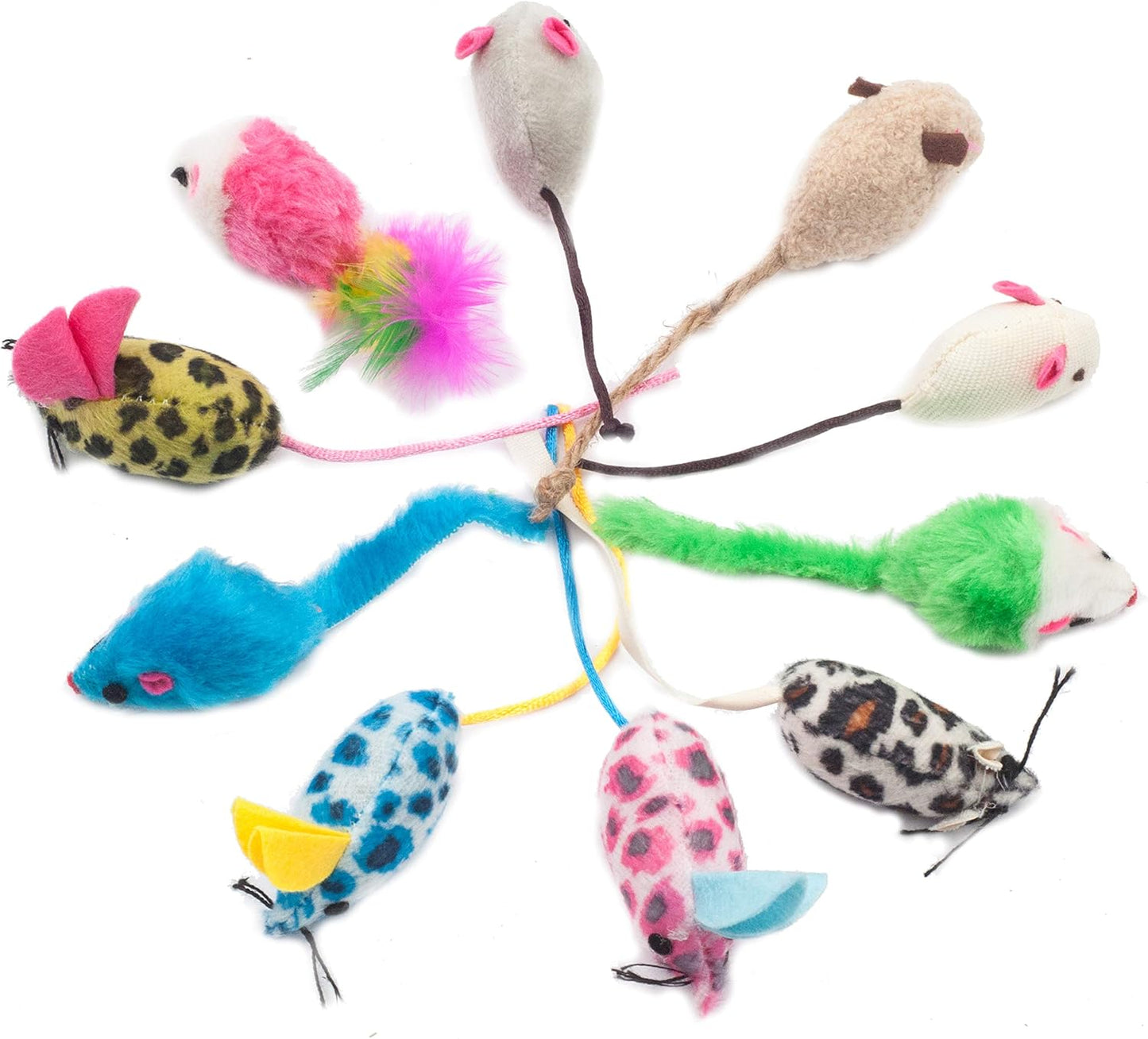 Furry Mouse Cat Toys Assorted Catnip Rattle Kitten Toys Feather Mice for Cats 10 Pack