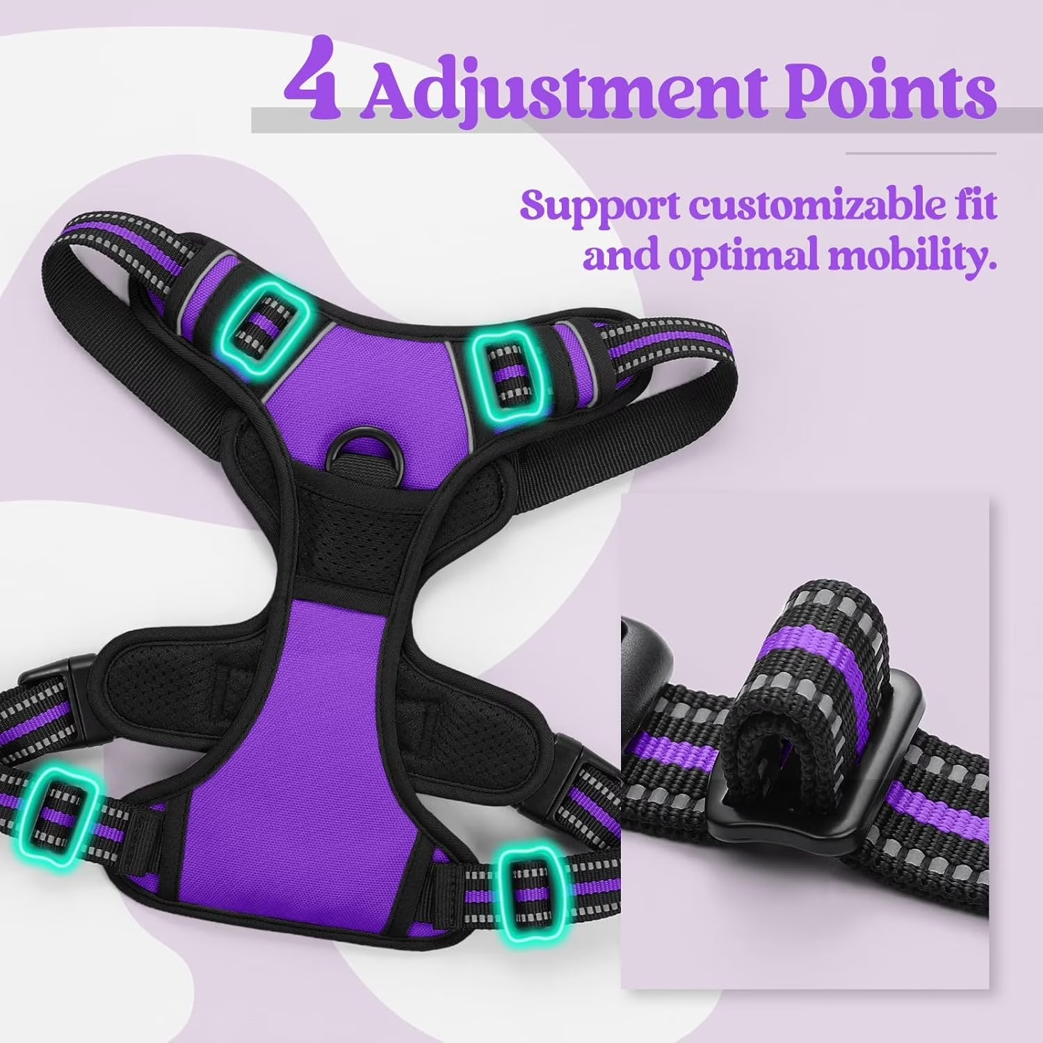 Dog Harness, No Pull Pet Harness with 2 Leash Clips, Adjustable Soft Padded Dog Vest, Reflective Outdoor Pet Oxford Vest with Easy Control Handle for Small Dogs, Purple