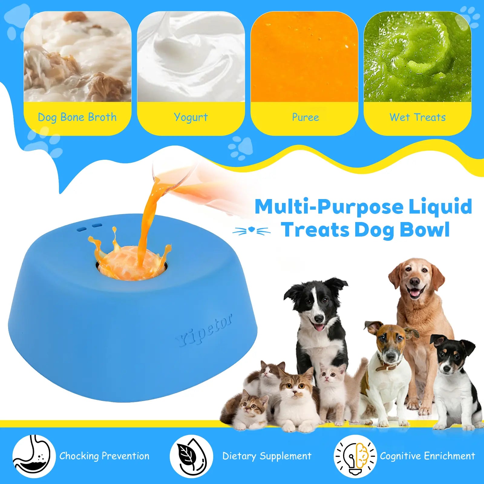 Yipetor Slow Feeder Dog Bowl with Built-In Rolling Ball for Liquid Treats - No Spill Bone Broth and Multi-Purpose Puppy Yogurt Feeder for All Breeds and Dietary Supplements