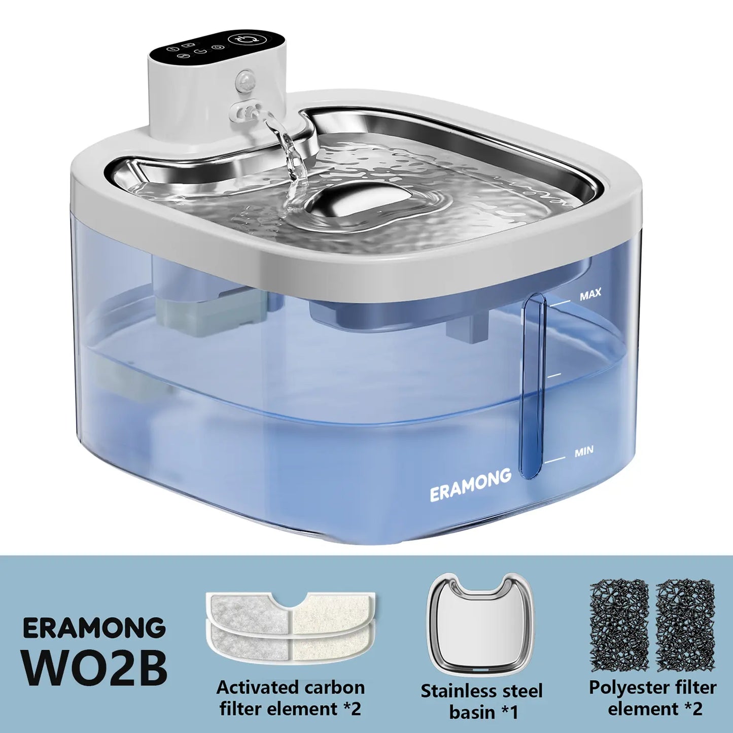 ERAMONG Smart Wireless Indoor Pet Water Fountain - 3.5L Capacity, Battery-Powered with Stainless Steel Tray, Motion Sensor, and 4-Layer Filtration System for Cats and Dogs