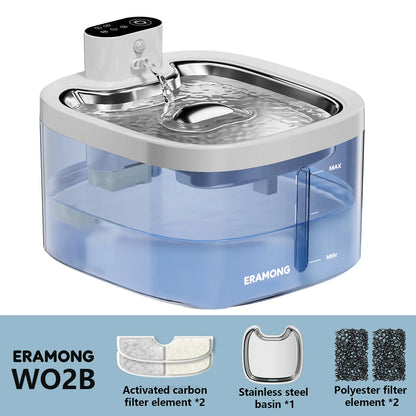 ERAMONG Smart Wireless Indoor Pet Water Fountain - 3.5L Capacity, Battery-Powered with Stainless Steel Tray, Motion Sensor, and 4-Layer Filtration System for Cats and Dogs