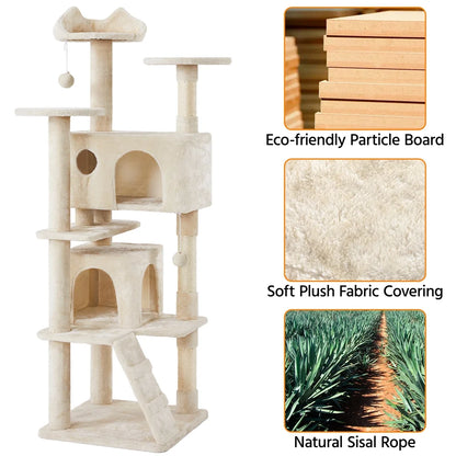 70" H Double Condo Cat Tree with Scratching Post Tower, Cream