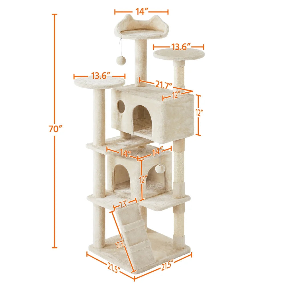 70" H Double Condo Cat Tree with Scratching Post Tower, Cream