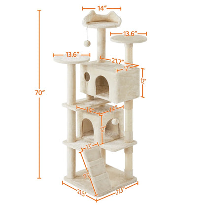 70" H Double Condo Cat Tree with Scratching Post Tower, Cream