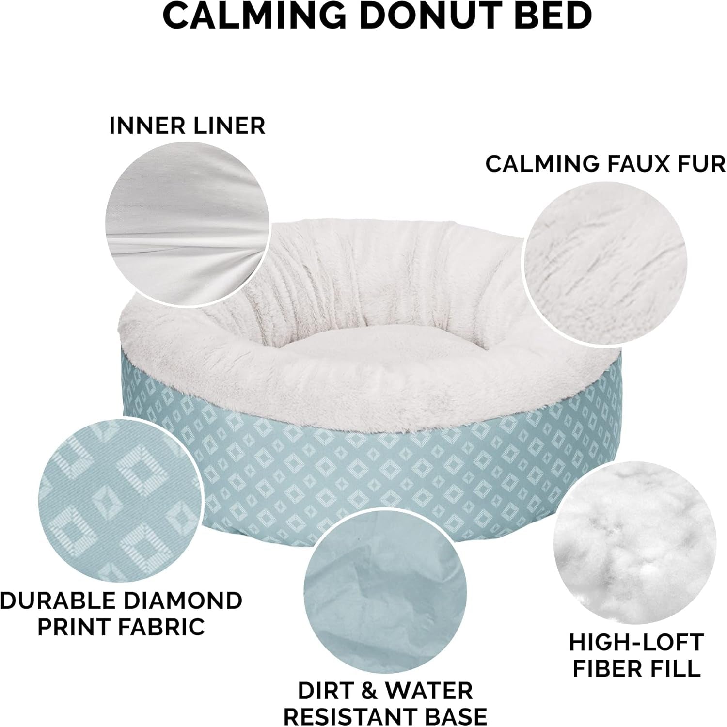 23" round Donut Dog Bed for Indoor Cats & Small Dogs, Washable, for Dogs up to 20 Lbs - Plush & Diamond Print Donut Bed - Aqua, Small