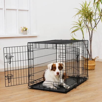 Wire Dog Crate, Double-Door, Divider and Leak-Proof Tray, Metal, Foldable, Durable, Black, 36"