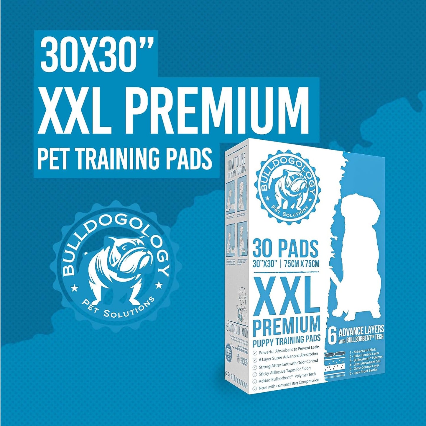 Puppy Pee Pads XXL with Adhesive Sticky Tape - Extra Large Dog Training Wee Pads (30X30) 6 Layers with Extra Quick Dry Bullsorbent Polymer Tech (30-Count, White)