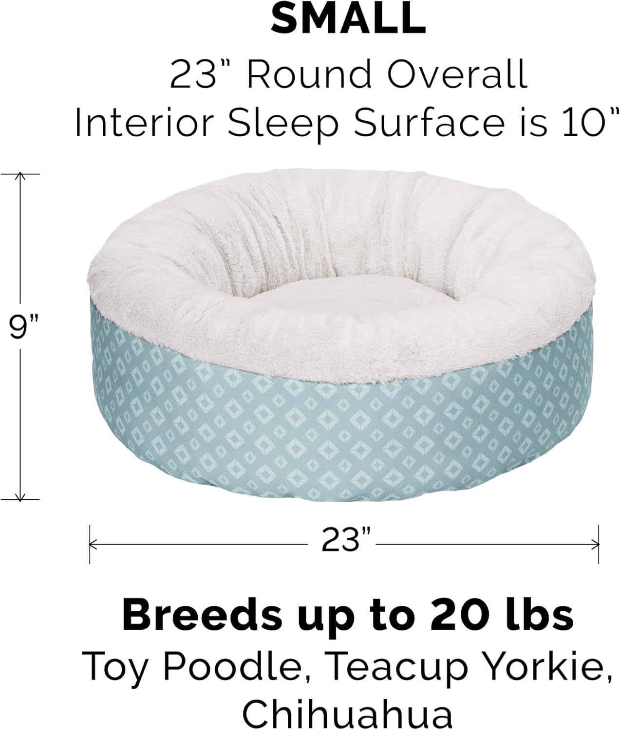 23" round Donut Dog Bed for Indoor Cats & Small Dogs, Washable, for Dogs up to 20 Lbs - Plush & Diamond Print Donut Bed - Aqua, Small