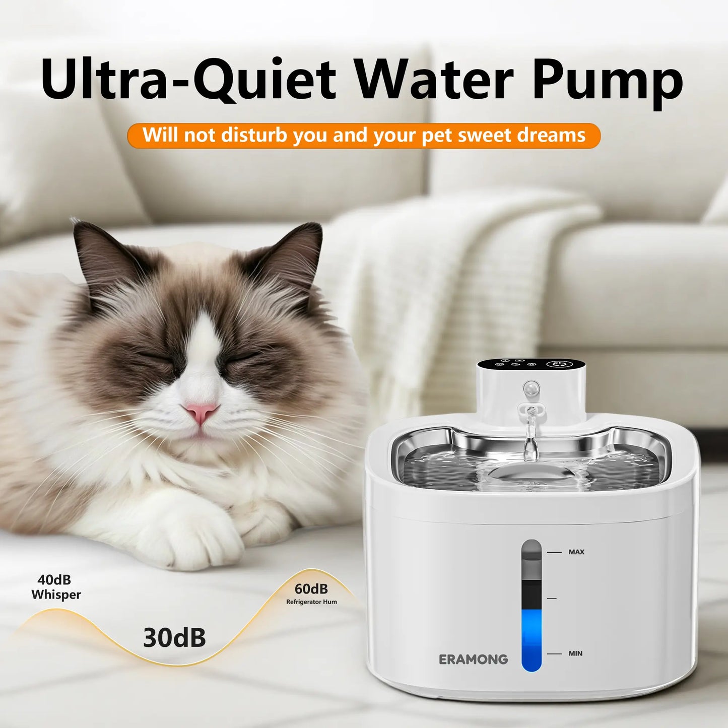 ERAMONG Smart Wireless Indoor Pet Water Fountain - 3.5L Capacity, Battery-Powered with Stainless Steel Tray, Motion Sensor, and 4-Layer Filtration System for Cats and Dogs