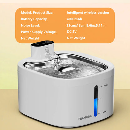 ERAMONG Smart Wireless Indoor Pet Water Fountain - 3.5L Capacity, Battery-Powered with Stainless Steel Tray, Motion Sensor, and 4-Layer Filtration System for Cats and Dogs