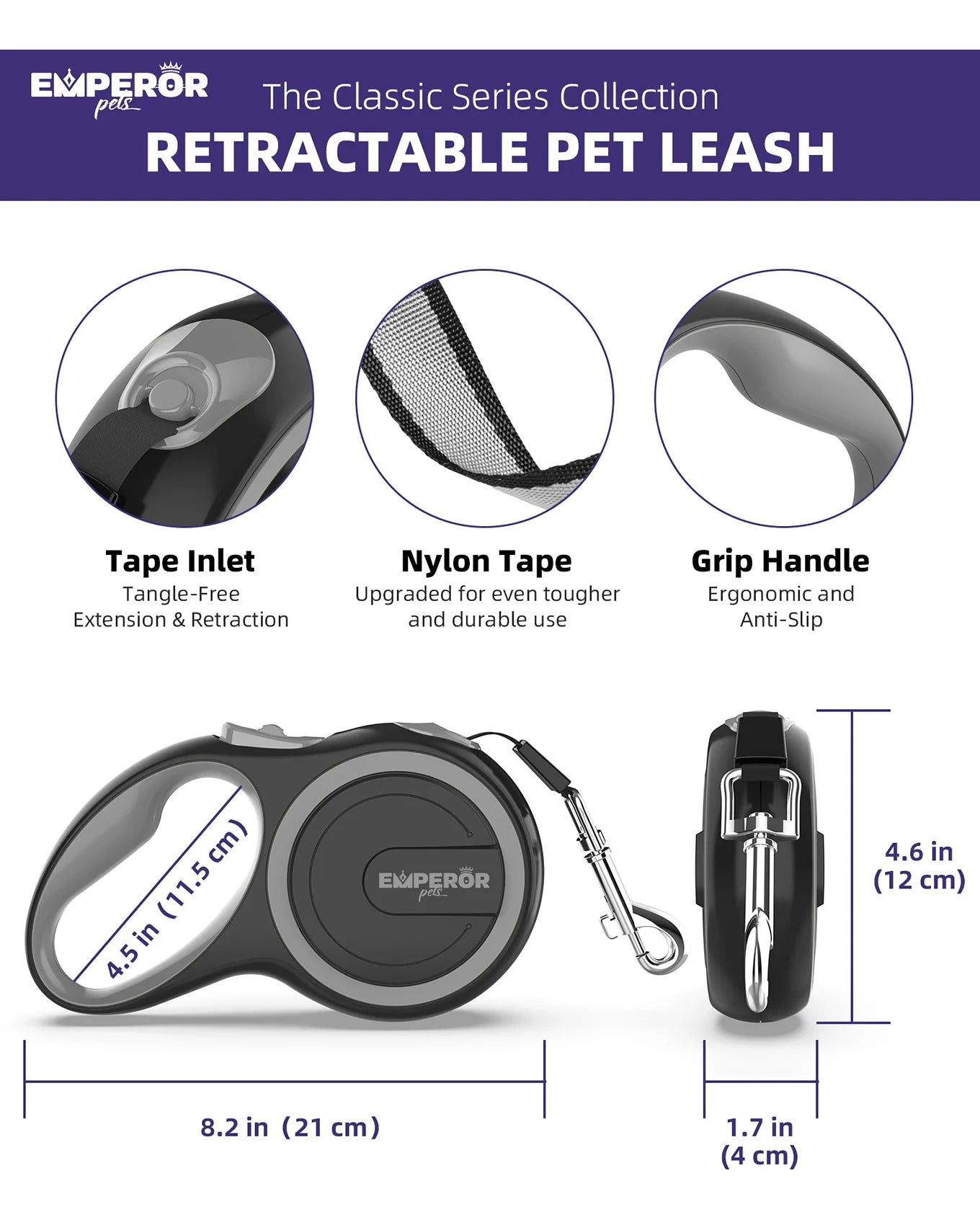 16 Ft Heavy-Duty Retractable Dog Leash for Large Dogs up to 110 lbs - Gray