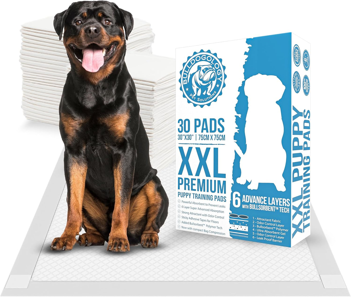 Puppy Pee Pads XXL with Adhesive Sticky Tape - Extra Large Dog Training Wee Pads (30X30) 6 Layers with Extra Quick Dry Bullsorbent Polymer Tech (30-Count, White)