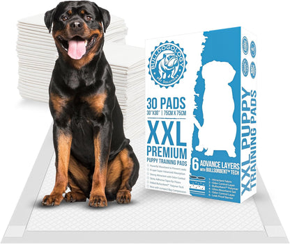 Puppy Pee Pads XXL with Adhesive Sticky Tape - Extra Large Dog Training Wee Pads (30X30) 6 Layers with Extra Quick Dry Bullsorbent Polymer Tech (30-Count, White)