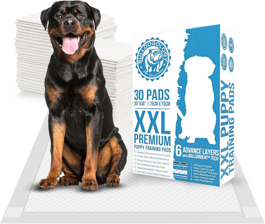 Puppy Pee Pads XXL with Adhesive Sticky Tape - Extra Large Dog Training Wee Pads (30X30) 6 Layers with Extra Quick Dry Bullsorbent Polymer Tech (30-Count, White)