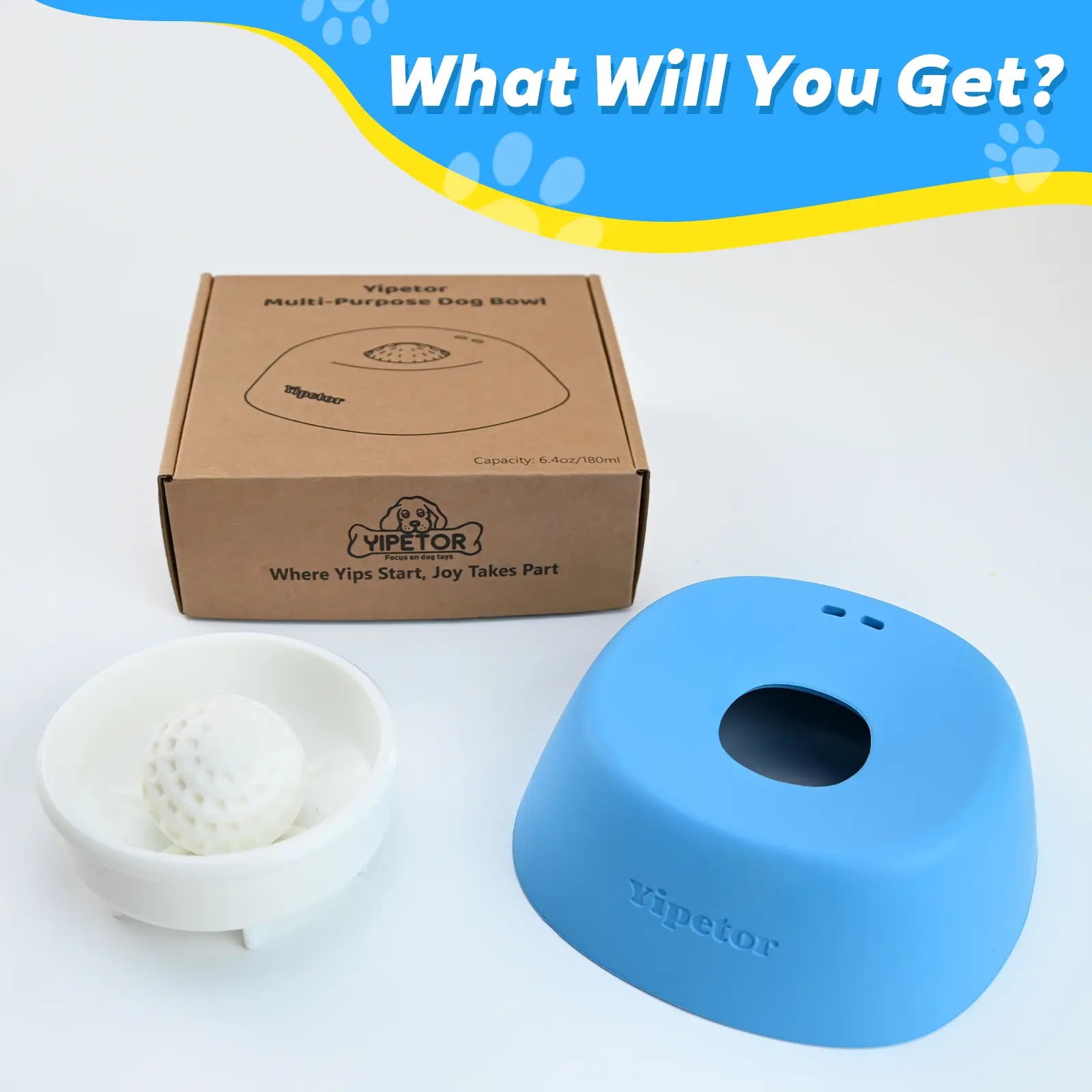 Yipetor Slow Feeder Dog Bowl with Built-In Rolling Ball for Liquid Treats - No Spill Bone Broth and Multi-Purpose Puppy Yogurt Feeder for All Breeds and Dietary Supplements