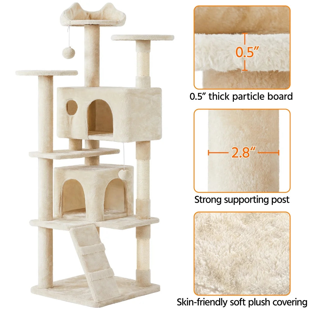 70" H Double Condo Cat Tree with Scratching Post Tower, Cream