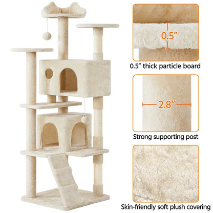 70" H Double Condo Cat Tree with Scratching Post Tower, Cream