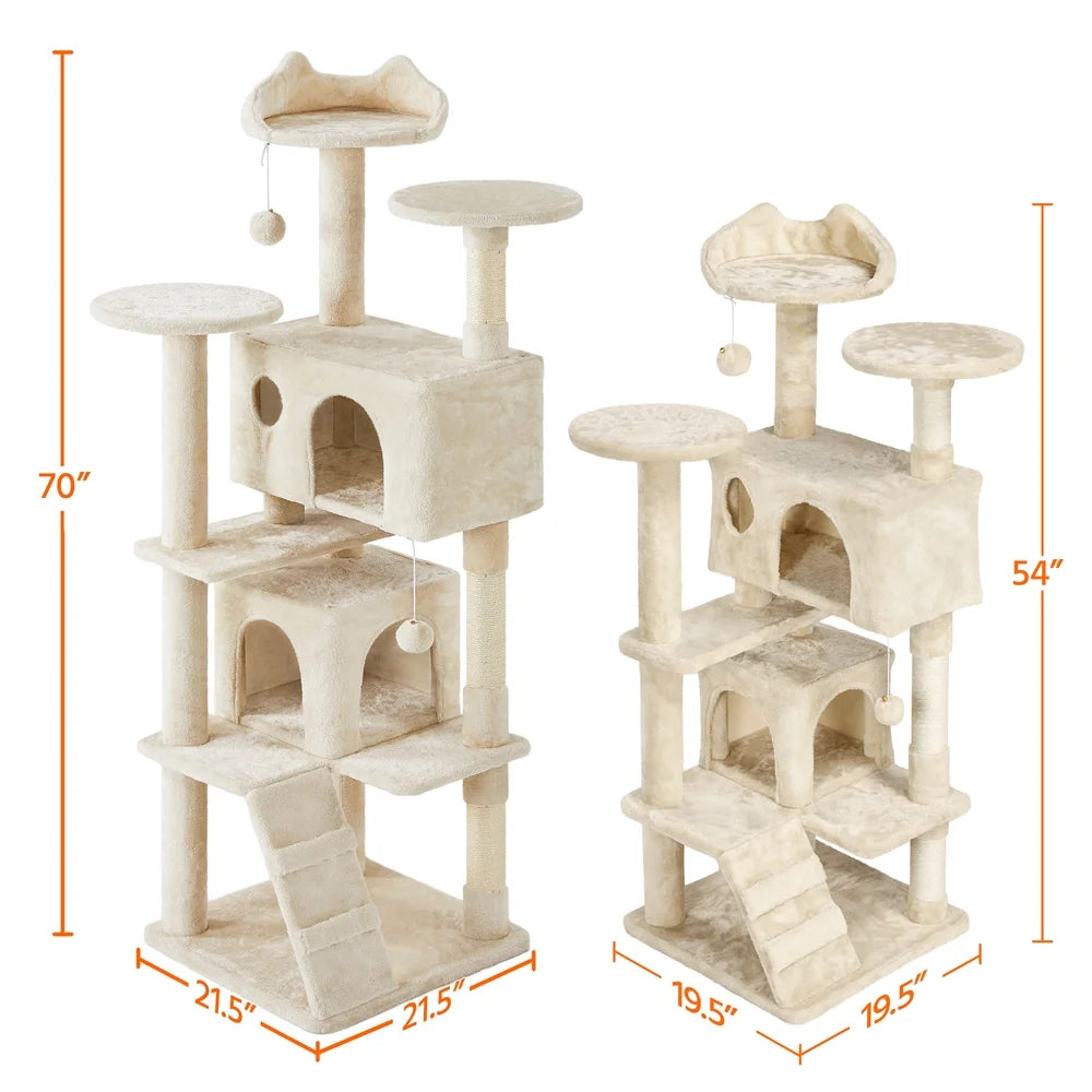 70" H Double Condo Cat Tree with Scratching Post Tower, Cream
