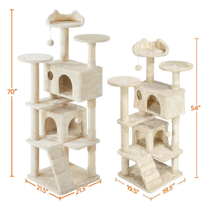 70" H Double Condo Cat Tree with Scratching Post Tower, Cream