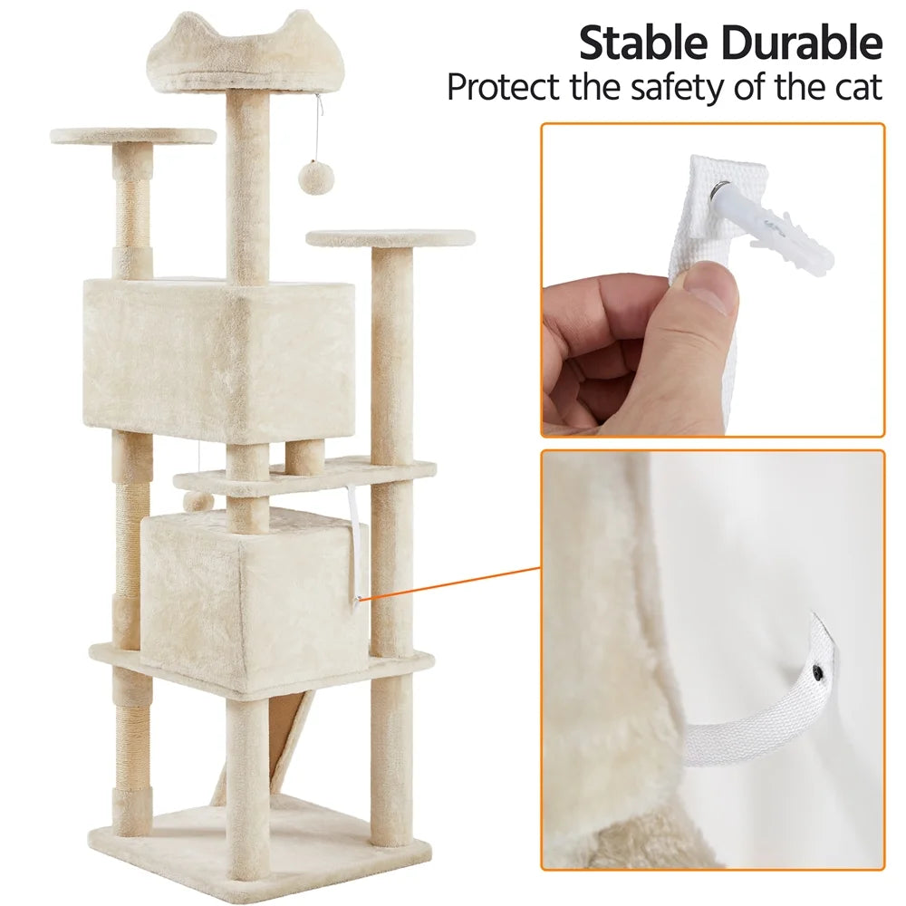 70" H Double Condo Cat Tree with Scratching Post Tower, Cream