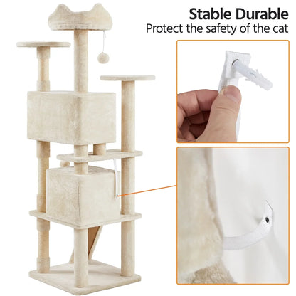 70" H Double Condo Cat Tree with Scratching Post Tower, Cream