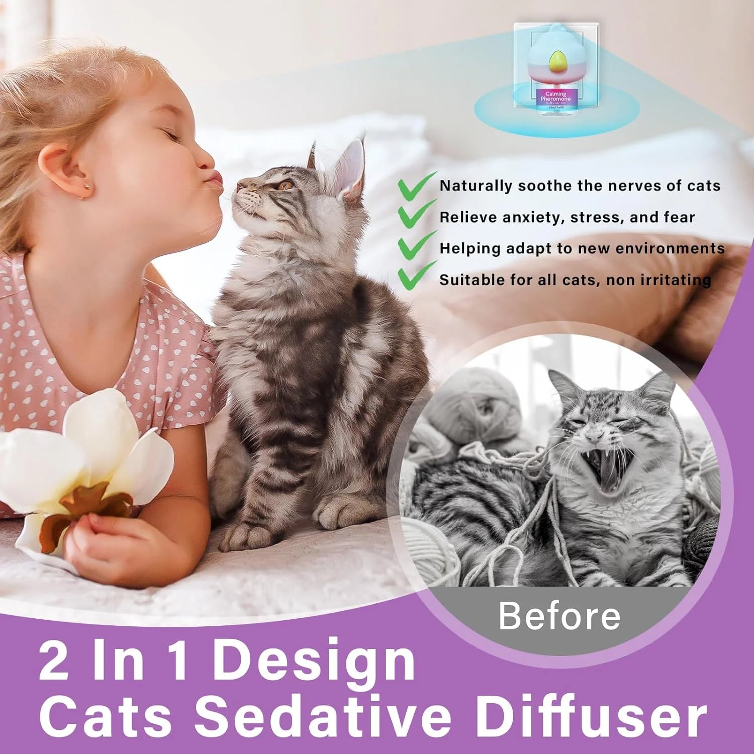 Cat Pheromones Calming Diffuser, Cat Calming Diffuser Starter Kit with Diffuser Head and 2Pcs 48Ml Vial, Efficient Relieve Anxiety Stress, 60 Days Use