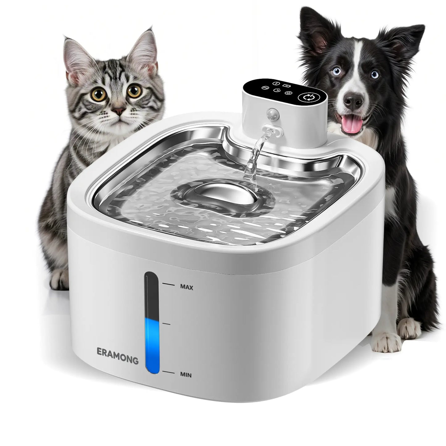 ERAMONG Smart Wireless Indoor Pet Water Fountain - 3.5L Capacity, Battery-Powered with Stainless Steel Tray, Motion Sensor, and 4-Layer Filtration System for Cats and Dogs