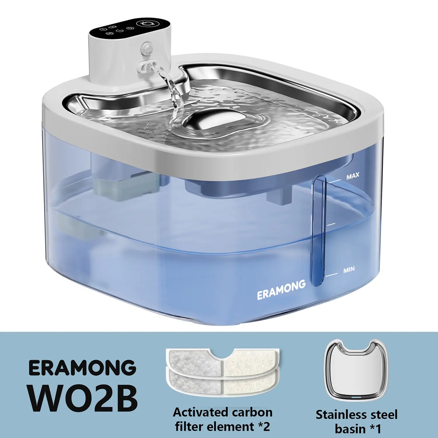 ERAMONG Smart Wireless Indoor Pet Water Fountain - 3.5L Capacity, Battery-Powered with Stainless Steel Tray, Motion Sensor, and 4-Layer Filtration System for Cats and Dogs