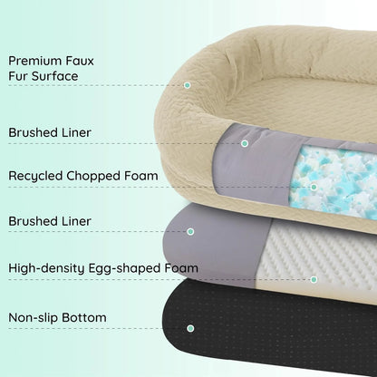 Human Dog Bed for Adult - Luxury Faux Fur Giant Size Dog Bed with Portable Handle, Egg Orthopedic Foam Bed with Blanket,, Linen