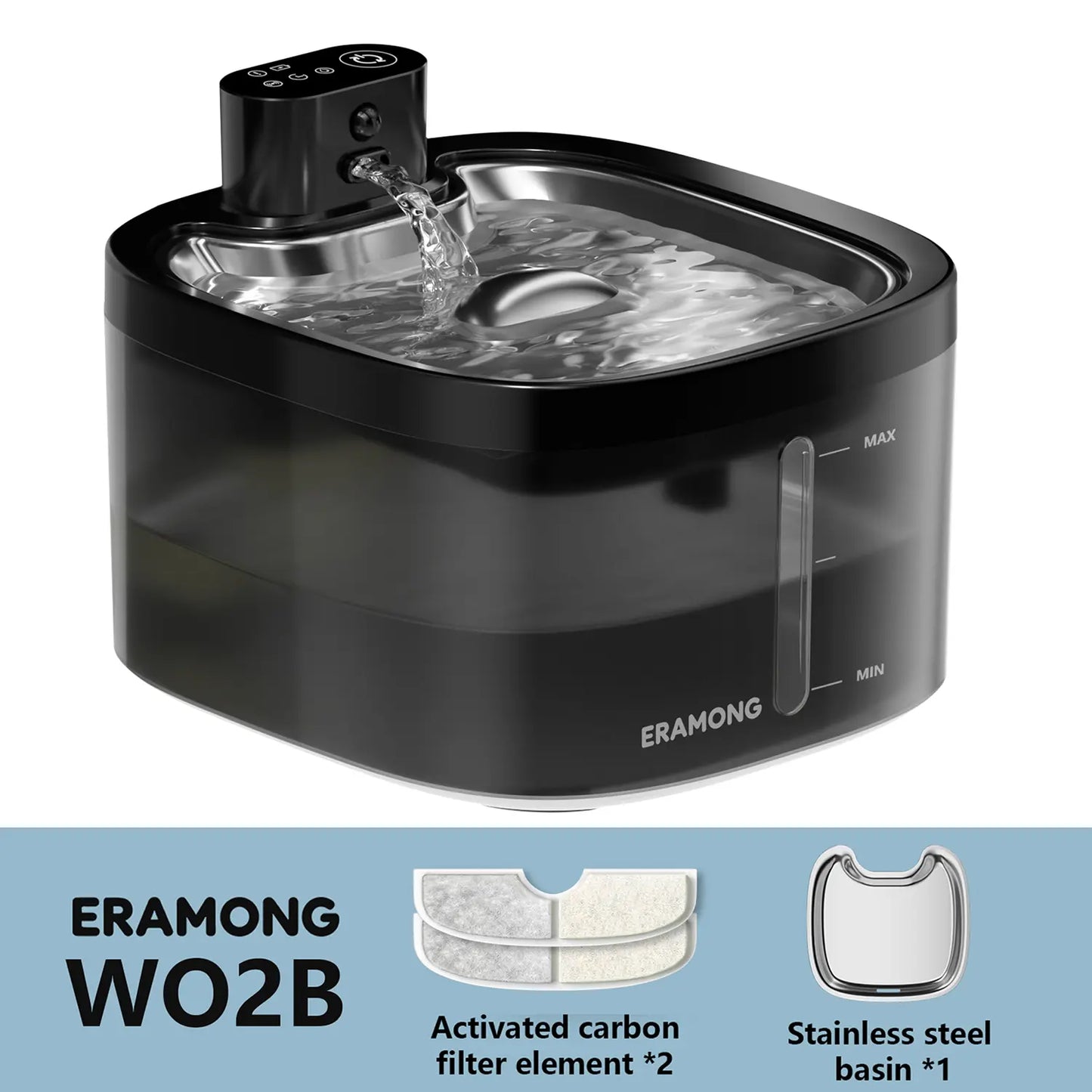ERAMONG Smart Wireless Indoor Pet Water Fountain - 3.5L Capacity, Battery-Powered with Stainless Steel Tray, Motion Sensor, and 4-Layer Filtration System for Cats and Dogs