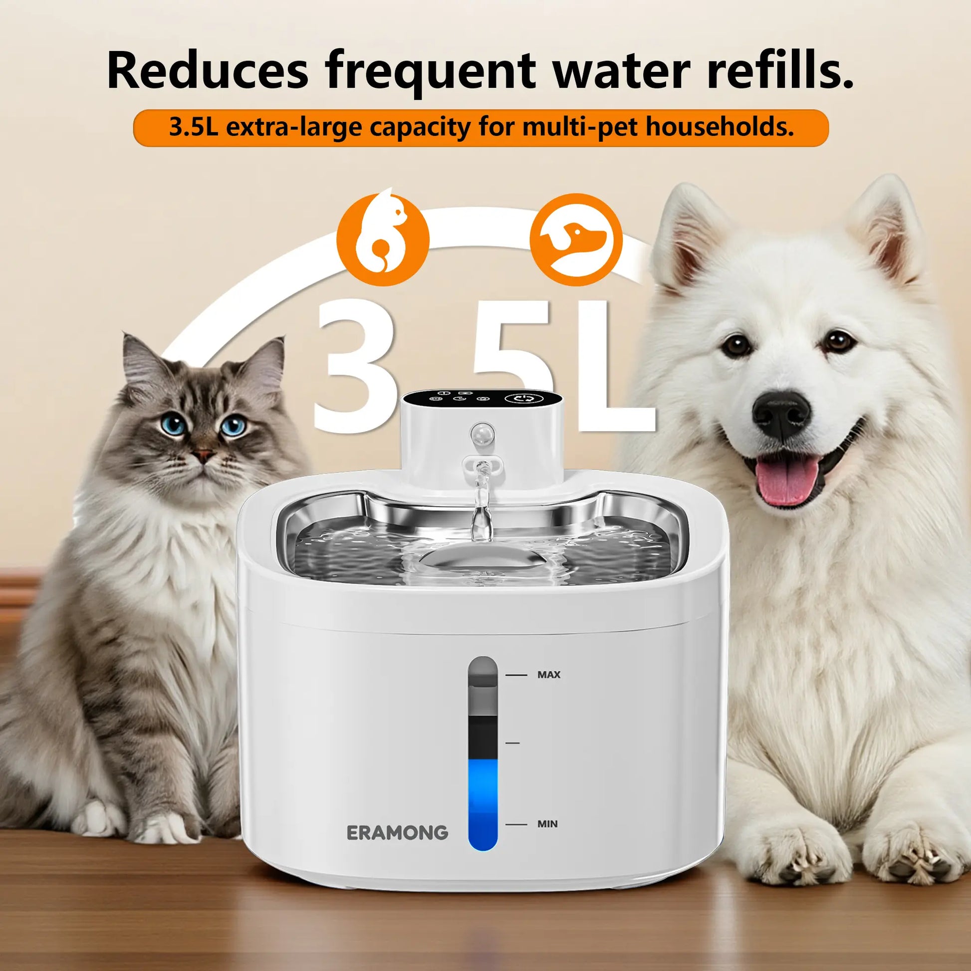 ERAMONG Smart Wireless Indoor Pet Water Fountain - 3.5L Capacity, Battery-Powered with Stainless Steel Tray, Motion Sensor, and 4-Layer Filtration System for Cats and Dogs